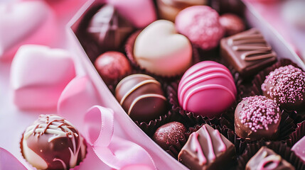 A beautifully arranged box of assorted chocolates in pink and brown hues.