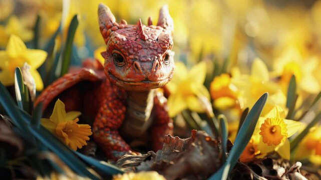Cute Red Welsh baby dragon in yellow daffodil flowers, Happy Saint David's Day Holiday celebration in Wales, United Kingdom.
