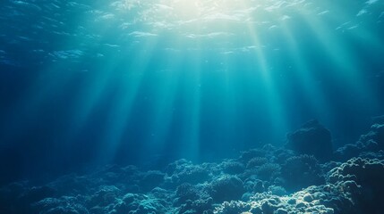 Fototapeta premium Vibrant Underwater Landscape Showcasing Coral Reefs Illuminated by Sunlight Filtering Through Clear Ocean Water
