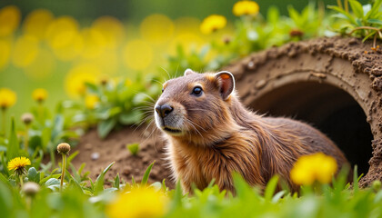Fototapeta premium Cute guinea pig emerging from its burrow surrounded by blooming yellow flowers