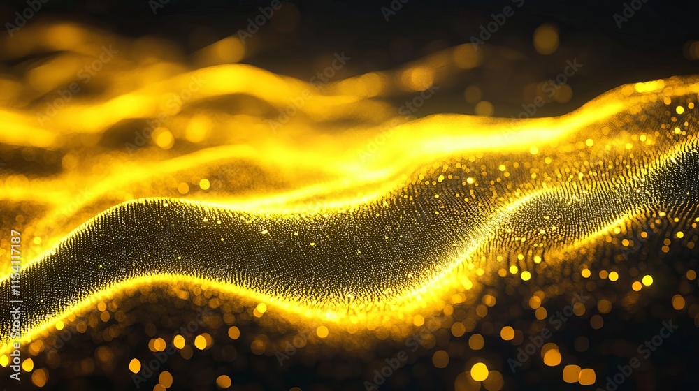 Poster abstract golden wave pattern with shimmering particles on a dark background creating a sense of move