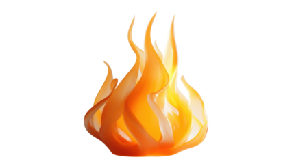 A realistic flame rising from the center, with vibrant orange and yellow hues, set against a pure white background.