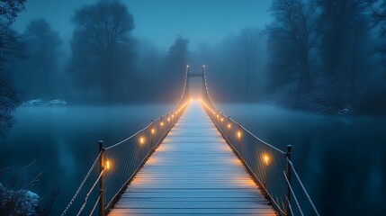 Fototapeta premium Illuminated Suspension Bridge Over Foggy Winter River