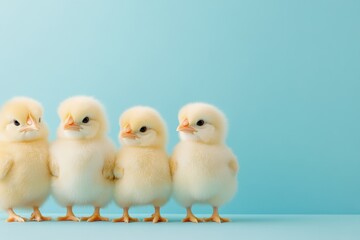 Naklejka premium A joyful gathering of fluffy yellow chicks symbolizes Easter celebrations, lined up against a calming blue background, embodying the essence of spring, renewal, and the vibrancy of the season