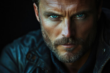 Fototapeta premium Close-up portrait of a man with intense blue eyes, wearing a leather jacket.