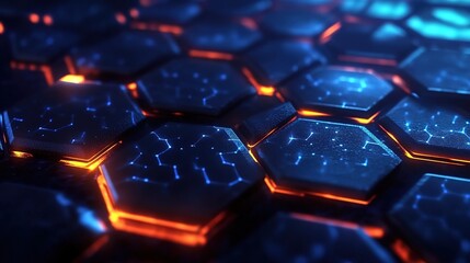 Fototapeta premium 3D render, abstract futuristic background with blue glowing hexagons and digital elements.