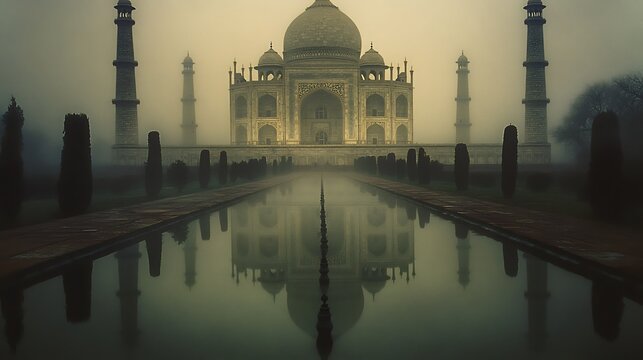 Taj Mahal in misty morning, reflected in water. - Powered by Adobe