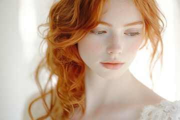 Fototapeta premium A portrait of a young woman with long, curly red hair and fair skin, looking down.