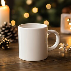 Blank White Mug on Wooden Table Surrounded by Festive Decorations and Warm Candlelight, Creating a Cozy Atmosphere for Winter Evenings