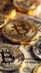 Bitcoins spread across full image, close up crypto currency heaped in a pile background