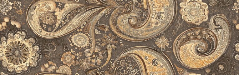 Obraz premium Elegant fabric design featuring intricate paisley patterns and floral motifs in warm tones. Generative AI