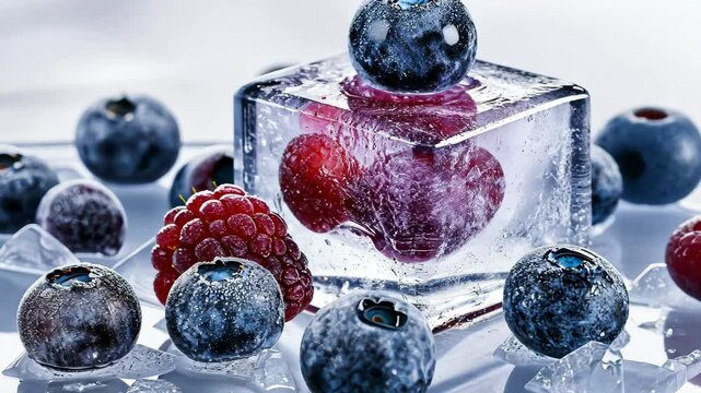 Fresh frozen blueberries and raspberries encased in ice on a cool surface, Fresh frozen blueberries encased in ice, surrounded by ice cubes and berries