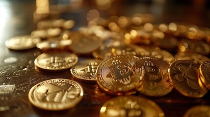 Bitcoins spread across full image, close up crypto currency heaped in a pile background