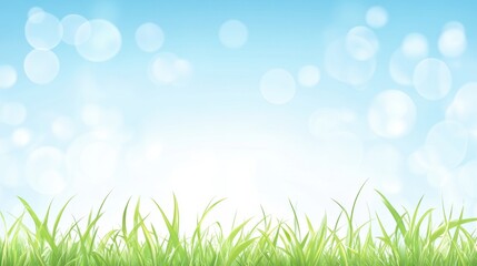 Obraz premium Lush Green Grass Against Bright Blue Sky with Soft Bokeh Effect Background