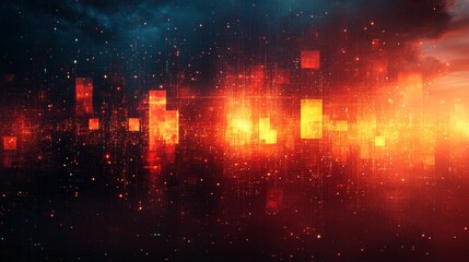 Obraz premium Vibrant Digital Landscape With Glowing Orange and Red Shapes Contrasting Against a Dark Blue Background at Dusk