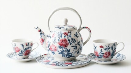 Fototapeta premium Floral teapot set with two cups and saucers.
