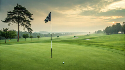 Obraz premium Serene Sunrise Golf Course - Peaceful sunrise, green golf course, flag, ball, nature. Symbolizes tranquility, success, leisure, achievement, and beauty.