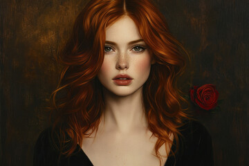 Fototapeta premium A portrait of a young woman with vibrant red hair and freckles, a single red rose beside her.