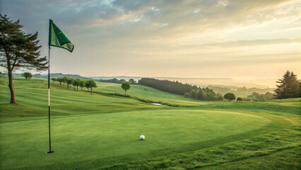 Fototapeta premium Sunrise Golf Course Green - Serene sunrise over a lush green golf course, a single golf ball near the flag, symbolizing peace, success, challenge, and the beauty of nature.