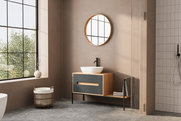 Beige bathroom interior with double sink and mirror, carpet on hardwood floor, bathtub, plants....
