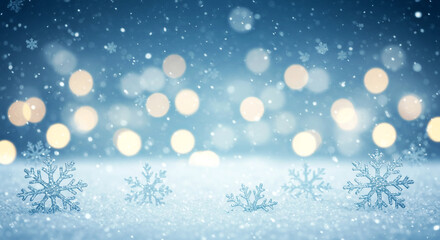 Fototapeta premium Winter Snowflakes on Frosted Ground with Bokeh Lights and Soft Focus