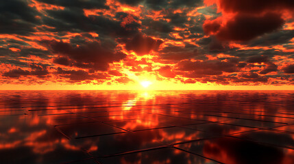 Cityscape Sunset With Reflective Solar Panels by the River - Generated AI