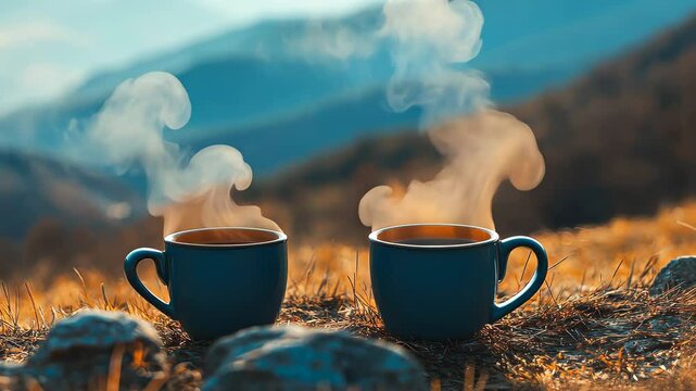 Warm coffee cups on a serene mountain landscape with gentle morning light, two cups of warm coffee in a mountainous area