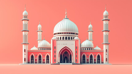 Naklejka premium stylized 3D render of a pink mosque with white domes and minarets against a coral background Clean lines simple design Islamic architecture showcased