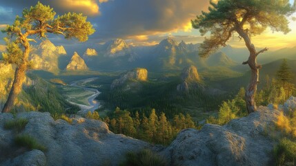 Majestic sunset over mountain valley.