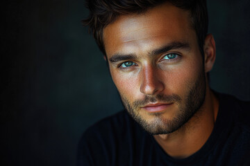 Naklejka premium Close-up portrait of a handsome man with intense blue eyes and a well-groomed beard.