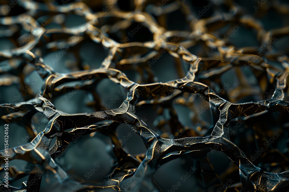 Poster metallic structure forming a complex network resembling a cellular or biological system, creating an
