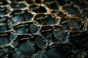 Metallic structure forming a complex network resembling a cellular or biological system, creating an intricate pattern