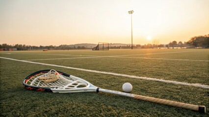 Lacrosse Field Sunset - Lacrosse stick and ball on a field at sunset. Symbolizing sport, competition, teamwork,  skill, and the outdoors.