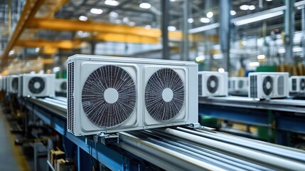 Fototapeta premium Photorealistic photograph of an air conditioner production line in a factory