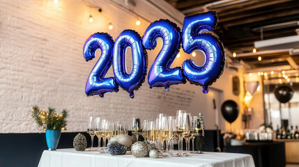 A festive celebration setup featuring blue balloons spelling "2025" above a table adorned with glassware and decorative elements.