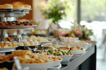 buffet table with a variety of food and drinks, including a large salad. The table is set up for a party or gathering, and the guests are likely to enjoy the spread