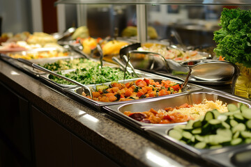 Obraz premium buffet table with a variety of food, including vegetables and fruits. The table is set up in a restaurant or cafeteria