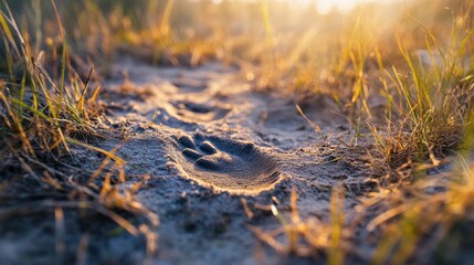 Close-Up of a Single Animal Footprint on a Sandy Path Surrounded by Grass at Sunset Capturing the Beauty of Nature's Tracks and Traces