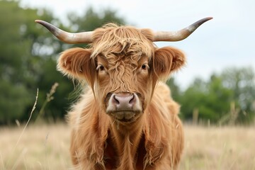 Highland cow standing in a field, looking forward, with trees in the background