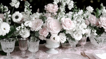 spring garden wedding, chic table decor featuring blush tablecloths, dainty flowers, and rose gold touches at a romantic garden wedding in spring