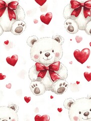 Cute white bears with red bows and hearts create a charming pattern for festive decorations and crafts. Generative AI