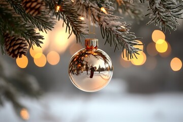 Christmas ornament reflects winter landscape with soft lights and snow