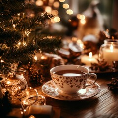 Fototapeta premium Cozy Holiday Setting With a Decorated Tree, Warm Cup of Tea, and Flickering Candles on a Wooden Table During Winter Evenings