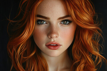 Fototapeta premium Close-up portrait of a woman with stunning red hair and freckles, captivating green eyes.