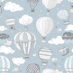 Colorful hot air balloons float above a whimsical cloud filled sky in a playful and serene design. Generative AI