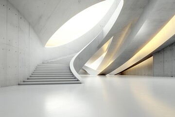 Obraz premium Modern architectural design featuring curved staircases and natural lighting in a spacious interior