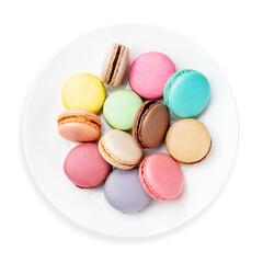Colored sweet macaroons, on a white background, isolated. top view.