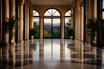 Fototapeta premium neoclassical architecture, discover timeless elegance in a neoclassical interior boasting ornate columns, a sprawling hallway, and natural light pouring through arched windows