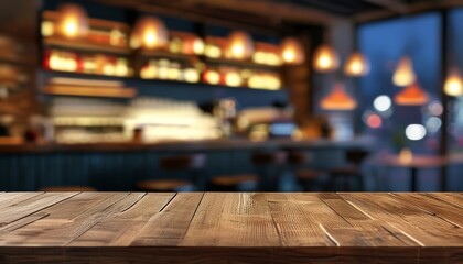 Rustic Wood Table Top Against Blurred Bar Interior with Ambient Lighting Effects at Night