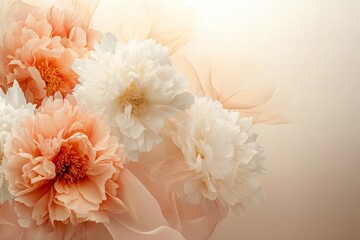 Beautiful arrangement of soft peach and white peonies with delicate drapery on a light backdrop during daylight
